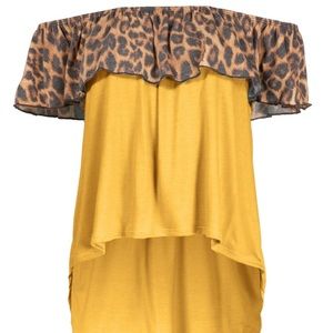 Cheetah & Mustard Off The Shoulder Hi-Lo Top